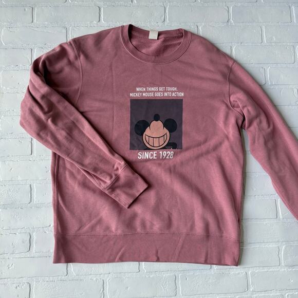 Disney Uniqlo Collab Pink Vintage Print Mickey Mouse Sweatshirt Oversized sz L - Picture 3 of 6
